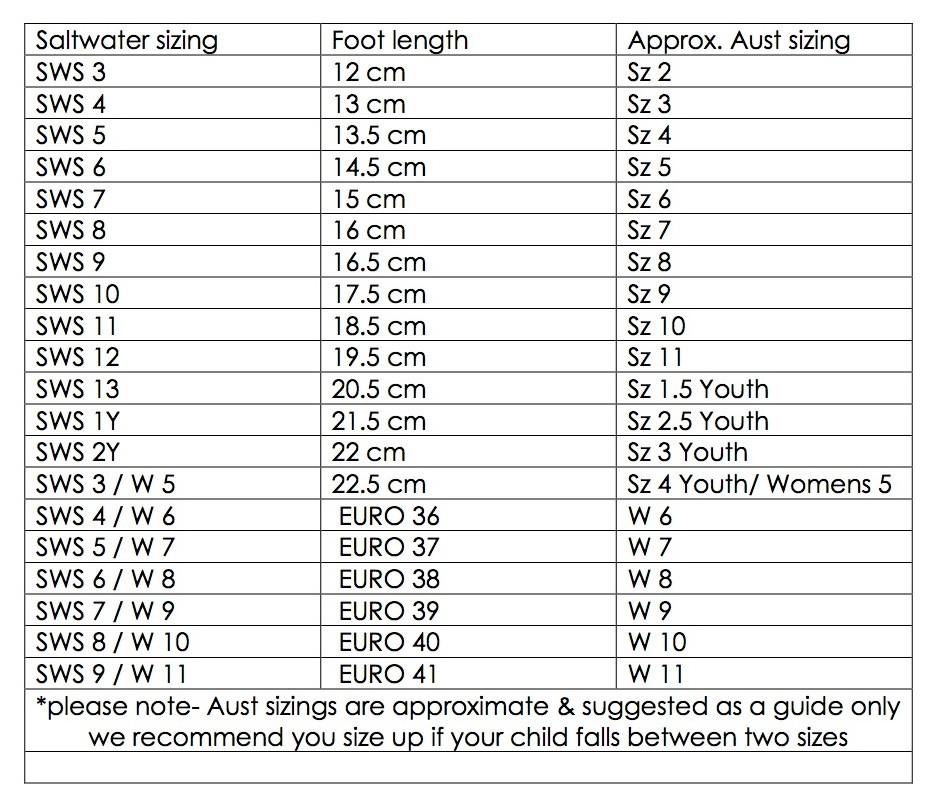 Sun San Sea Wees Size Chart