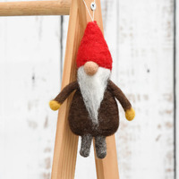 Tara Treasures - Felt Hanging Gnome - Dark Brown Robe, Red Hat