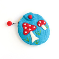 Tara Treasures - Felt Mushroom Purse Cyan