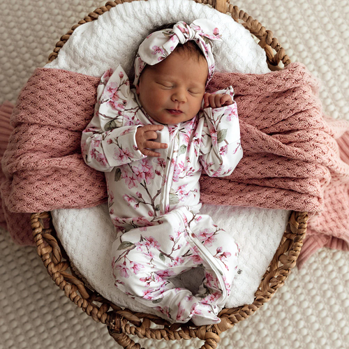 Snuggle Hunny - Cherry Blossom Organic Sleepsuit Zip Footie with Frill [Size: 0000]