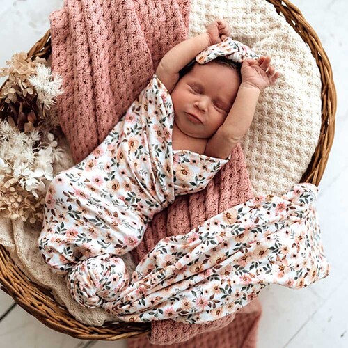 Snuggle Hunny - Spring Floral Organic Jersey Wrap and Topknot Set