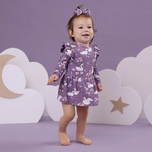 Snuggle Hunny - Midnight Swan Long Sleeve Organic Dress [Size: 000]