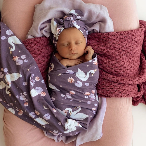 Snuggle Hunny - Midnight Swan Organic Jersey Wrap & Topknot Set