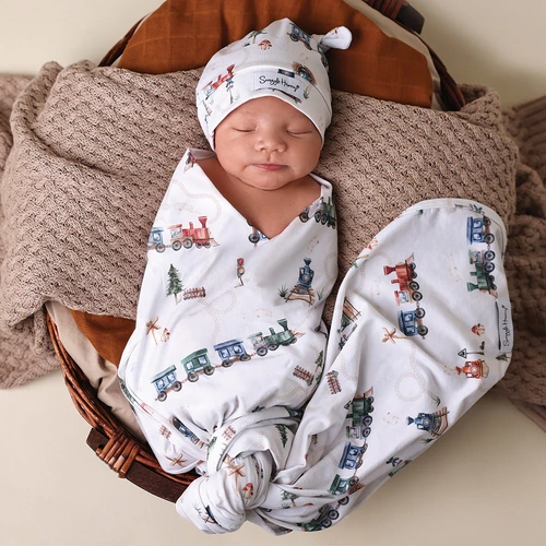 Snuggle Hunny - Trains Organic Jersey Wrap & Beanie Set