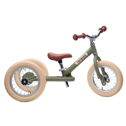 2-In-1 Matte Green Vintage Trybike with Cream Tyres and Chrome