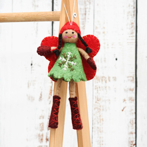 Tara Treasures - Felt Christmas Fairy - Green Dress, Black Hair